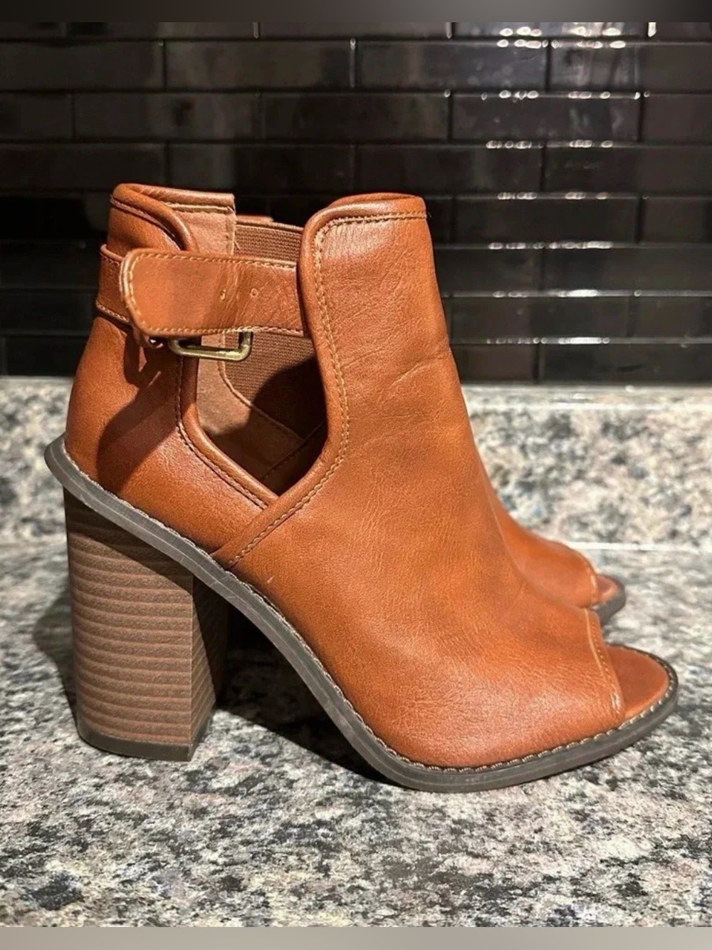 Forever 21 Brown Peep Toe Ankle Booties Heeled Cutout Shoes Womens 5.5